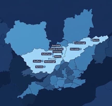 Map of the SOB Autofix service area around Doncaster and South Yorkshire