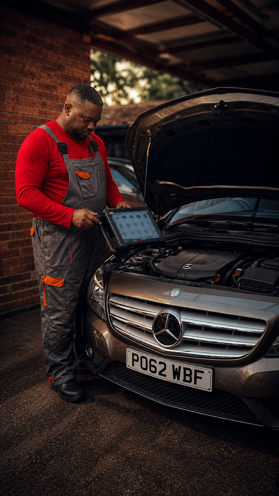 SOB Autofix technician using diagnostic equipment beside an open engine bay