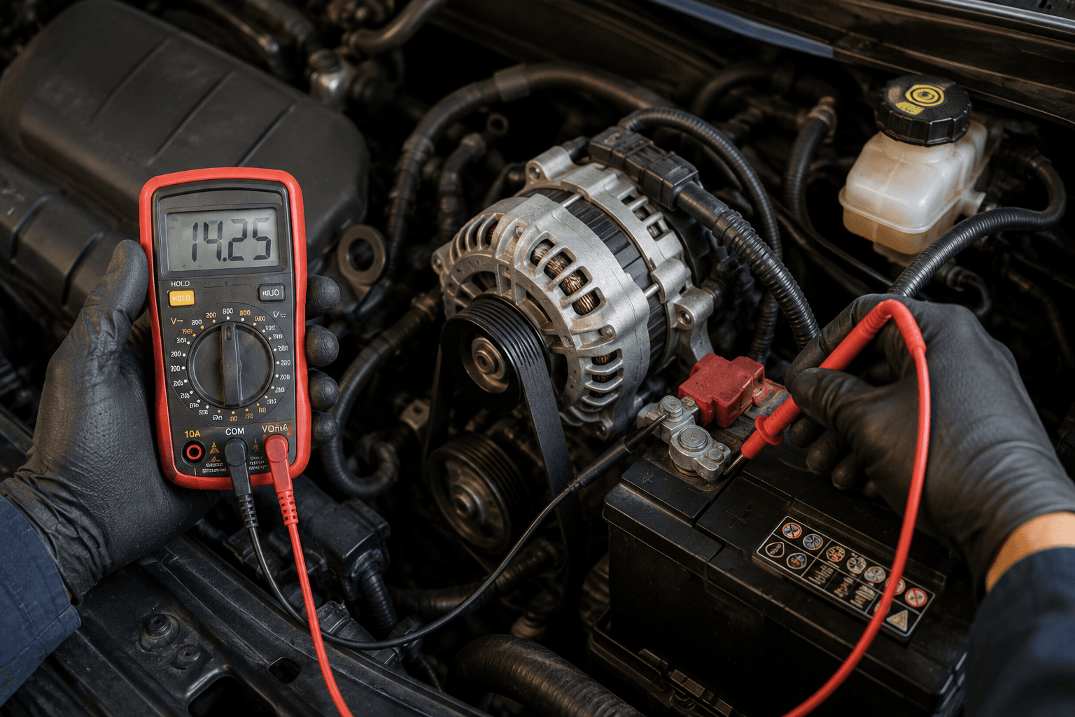 Technician testing a vehicle battery and alternator with a multimeter