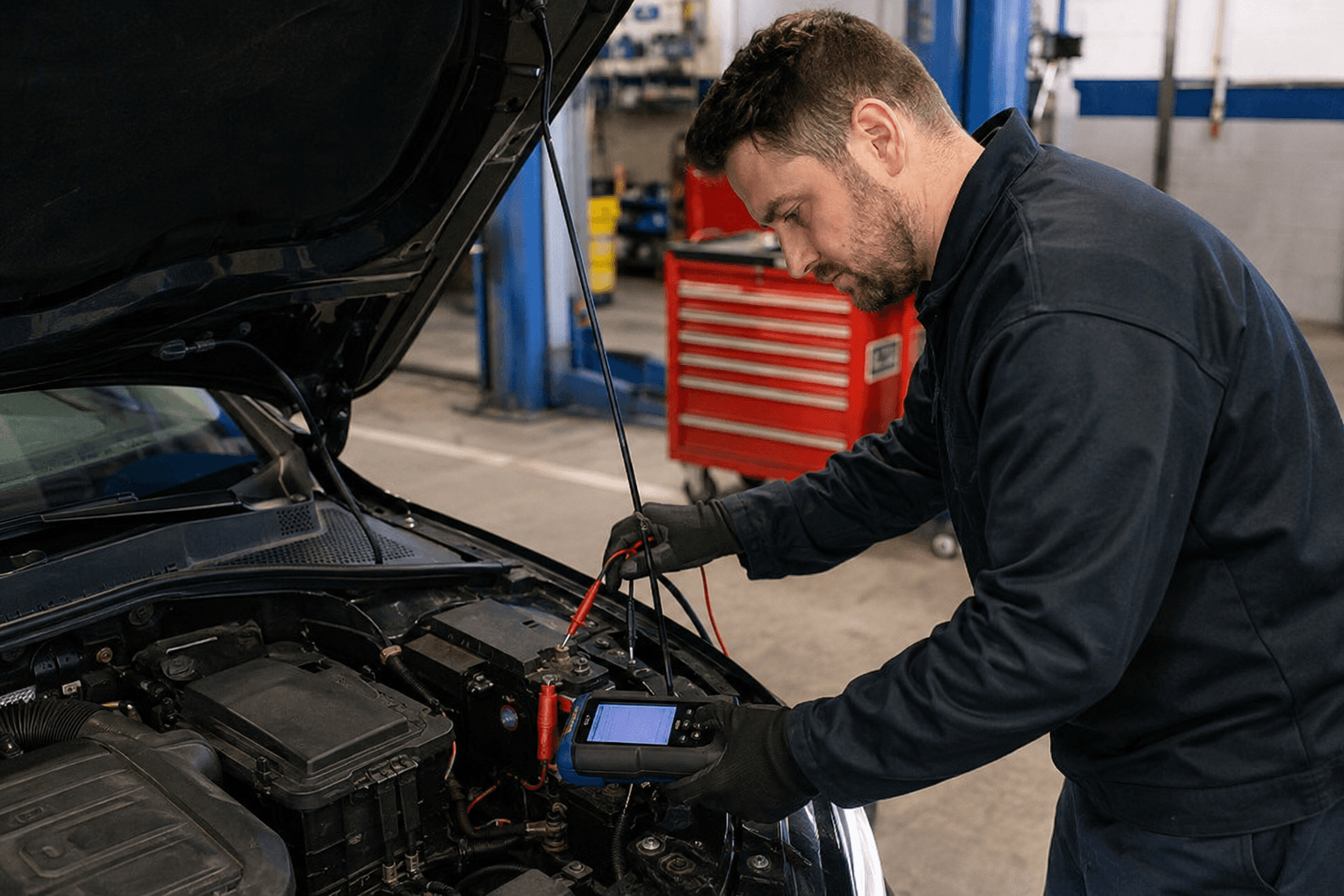 Technician carrying out electrical testing in a vehicle engine bay