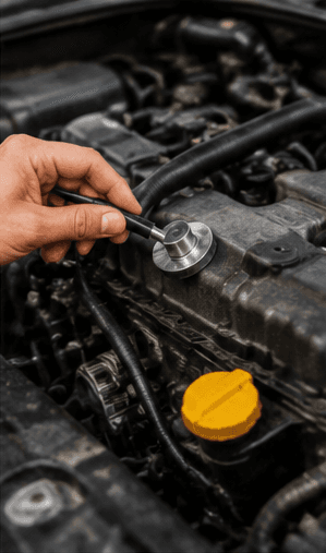 Technician inspecting an engine using diagnostic equipment