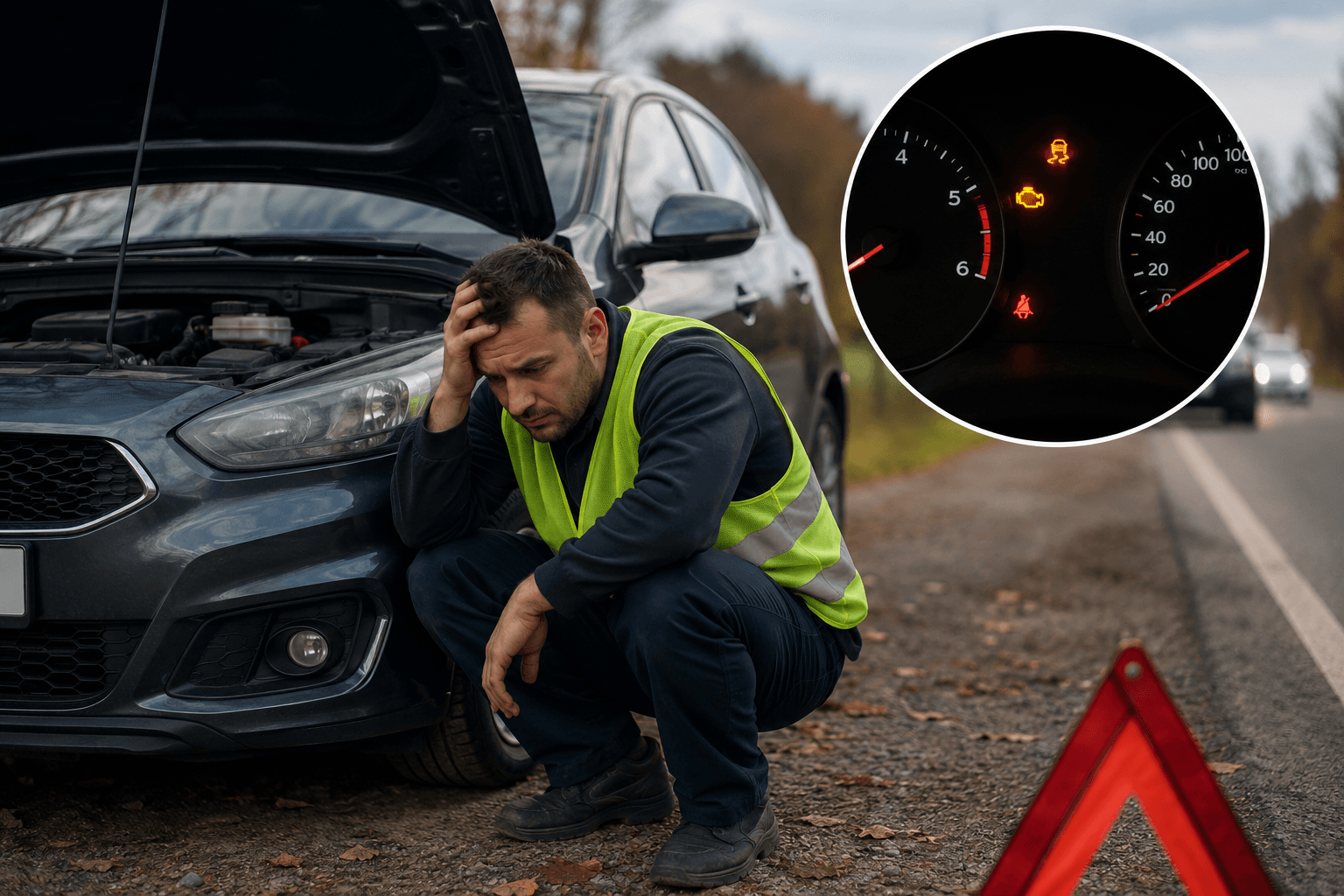 Driver beside a broken-down car with warning lights displayed