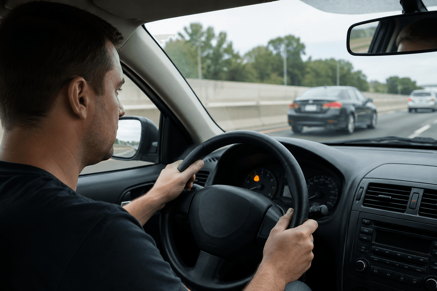 Driver viewing a warning light while travelling on a road
