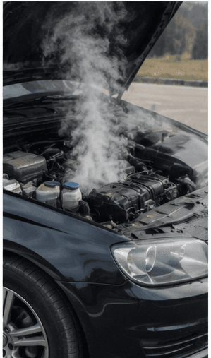 Steam rising from an overheated vehicle engine bay