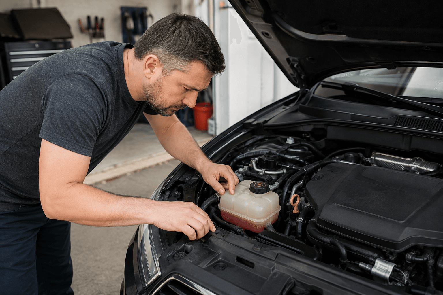 Technician checking a vehicle coolant reservoir