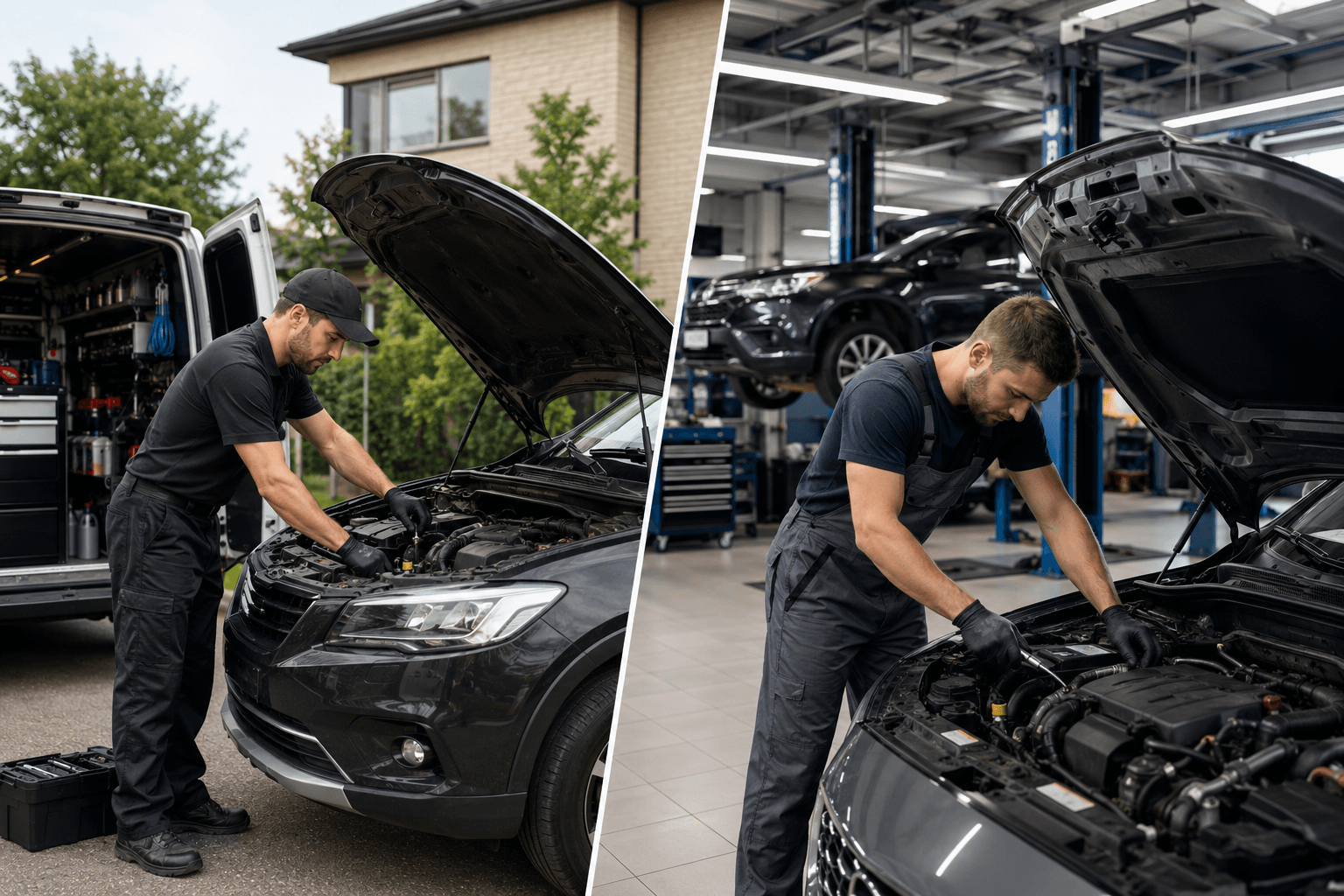 Mobile mechanic and workshop mechanic servicing vehicles