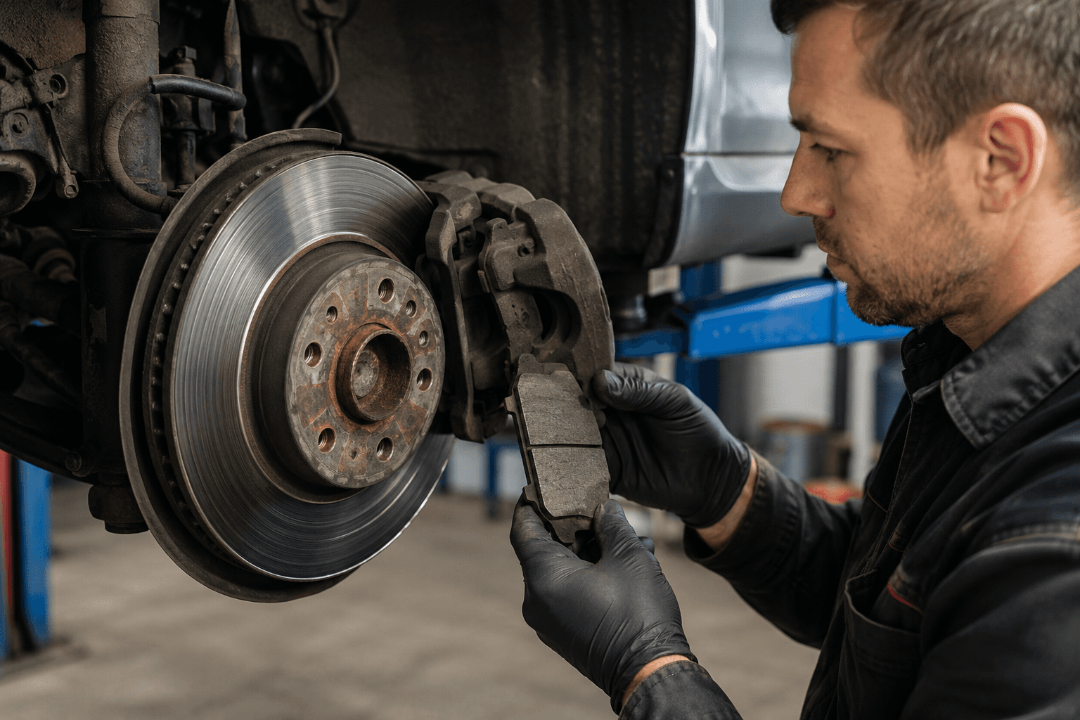 Technician fitting brake pads to a vehicle brake disc