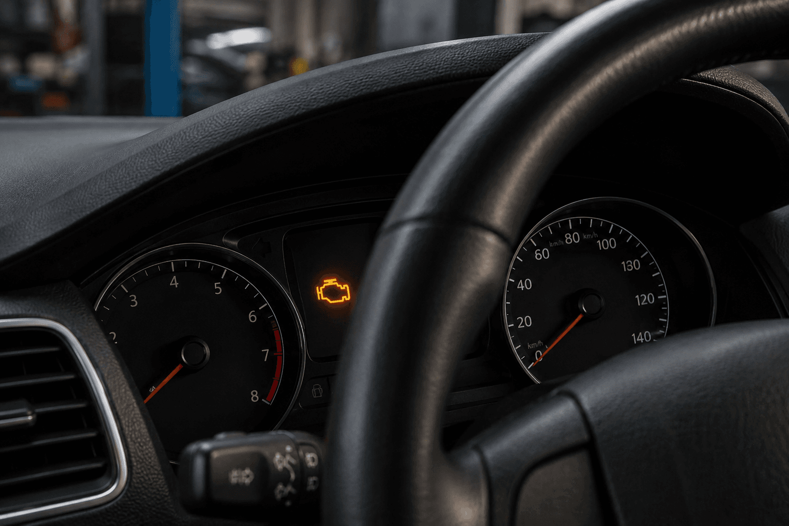 Engine management warning light illuminated on a vehicle dashboard