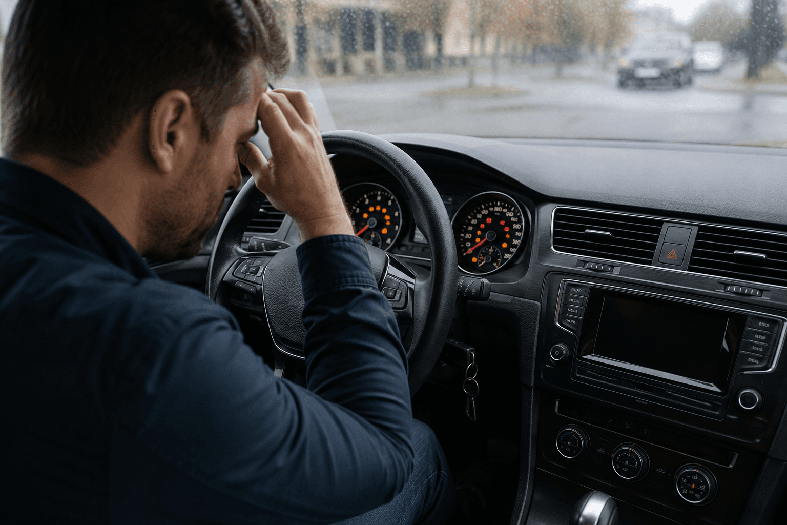 Driver looking at multiple vehicle dashboard warning lights